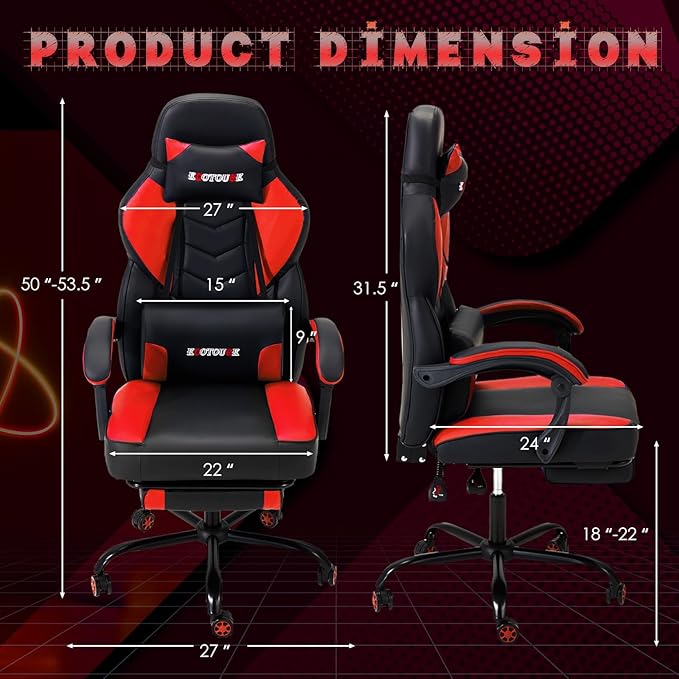 ECOTOUGE Massage Gaming Chair Big and Tall Gaming Chair with Lumbar Support &amp Footrest Ergonomic Gamer Chair with Reclining High Back 360° Swivel Gaming Computer Chair Red