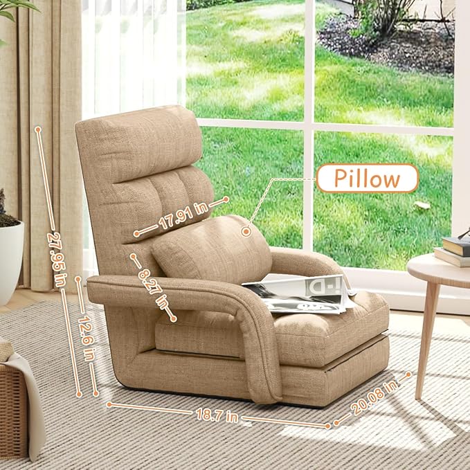 Floor Gaming Chair 6 Position Adjustable Indoor Chaise Lounge Chair for Teens Adults Padded Folding Meditation Sofa with Armrests and Pillow Comfy Chair for Teens Adults Pets - Light Camel