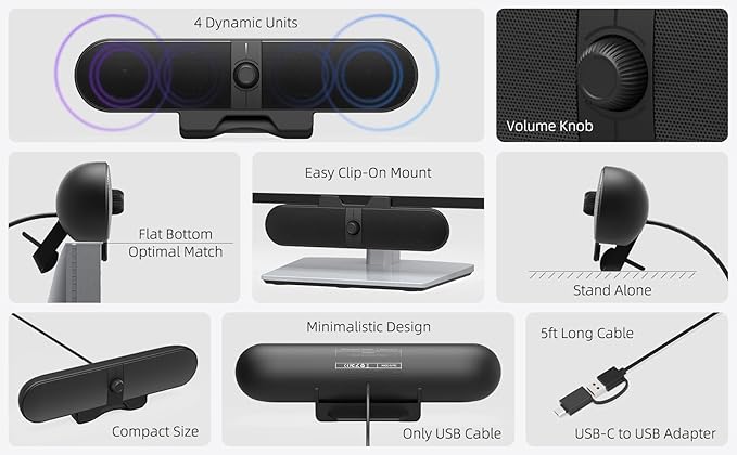 Computer Speakers for Desktop PC Monitor Speakers with Easy Volume Knob Sturdy Clamp Clear Sound Decent Bass USB Plug in External Speakers for Laptop Small PC Soundbar USB-C Adapter 5Ft Cable