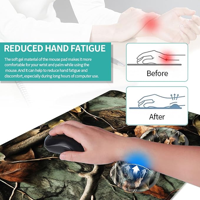 Keyboard Mouse Pad Set Extended Gaming Mouse Pad+Ergonomics Keyboard Wrist Rest Support Memory Foam Easy Typing Pain Relief 4Pcs XL Ultra Thick Desk MatAutumn Leaves Branch Camo