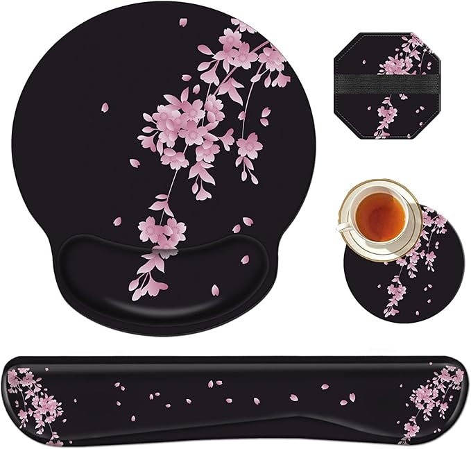 Wrist Rests for Keyboard and Mouse Support Gel Pad + Screen Cleaning Pad + Coaster Cloth Wipes for Laptop/Computer Screen Ergonomic Memory Foam Mousepad for Gaming/Work Cherry Blossoms