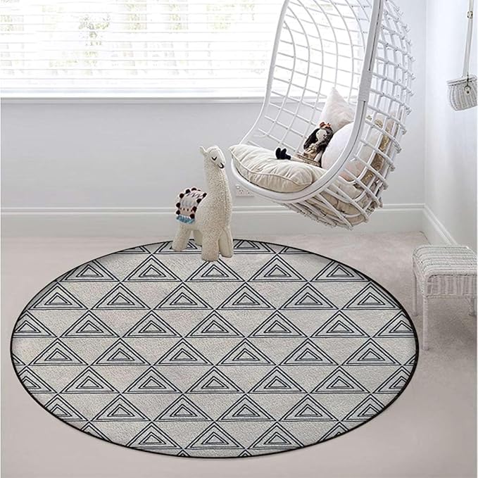 Black White Office Chair Mat Non Slip Round Floor Mat for Hardwood Floor and Protector for Rolling Chair Geometric Inner Triangles Style Diameter 43.3 in