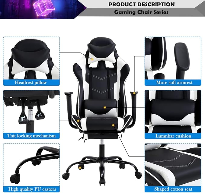 Gaming Chair for Adults with Footrest Racing Chair PC Chair Silla Gamer Chair Racing Gaming Chair Cheap Recliner Game Chair with Headrest Lumbar Support Adjustable Armrest for Kids 8-12