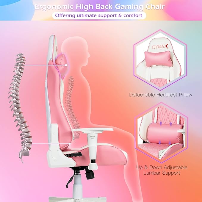 GYMAX Gaming Chair Pink Ergonomic High Back Computer Chair with Headrest &amp Lumbar Support Racing Style Desk Task Rolling Chair for Home Office Gaming Working Studying