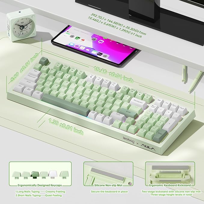 LEOBOG x Aula Gaming Keyboard Wireless Creamy Keyboard Bluetooth Computer Keyboards Ergonomic Typewriter Full Size with Number Pad Light Up RGB Backlit Tri-Mode BT/2.4GHz/USB-C - K99 Green
