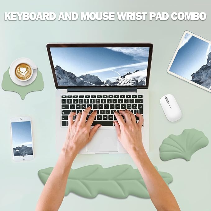 Keyboard Wrist Rest Pad Set Leaf Shape PU Leather Memory Foam Wrist Cushion SupportMouse Wrist Rest PadNon-Slip Wrist Support for Easy Typing Pain Relief Green Leaf