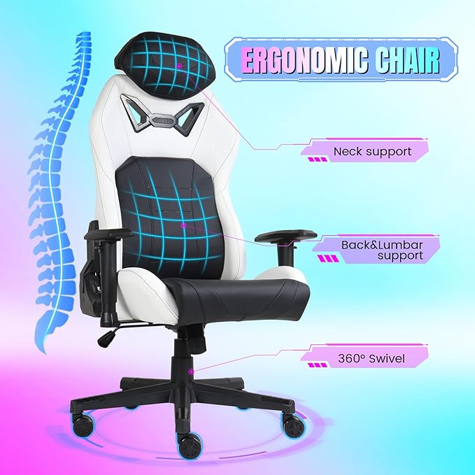 DIKEP Gaming Chair Video Game Chair with Footrest Lumbar Support Headrest PU Leather High Back Computer Chair for Home Office Black White
