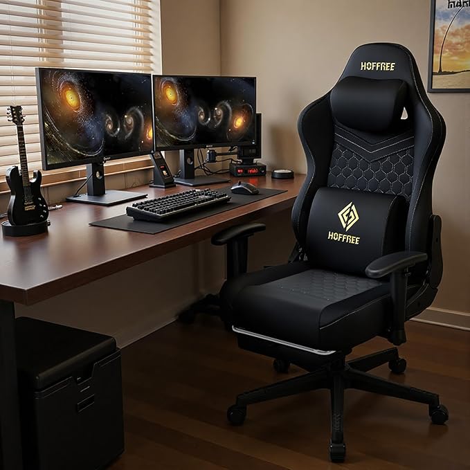 HOFFREE Gaming Chair Suede Fabric with Speakers Massage Gaming Chairs with Pocket Spring Cushion 165° Reclining Computer Office Chair for Adults Ergonomic Computer Chair with Footrest Black