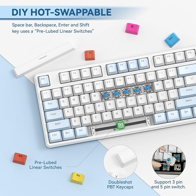 MAGIC-REFINER AK873 75% Wired Mechanical Gaming Keyboard Anti-ghosting Blue Switch8Pcs DIY Sublimation Color keycapsRainbow LED Backlist for PC Xbox PS4Mac Users(Blue White)