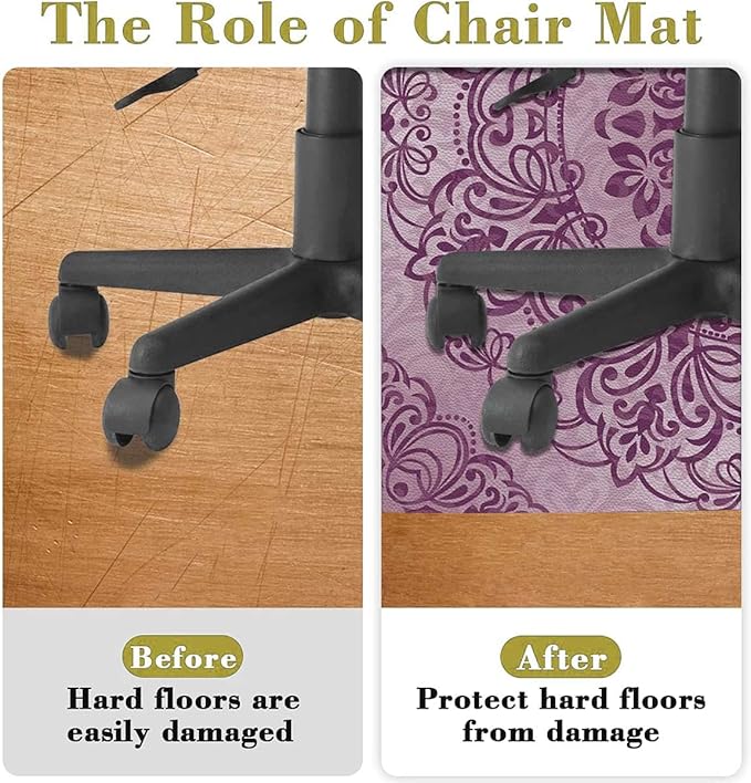 Lavender Dark Purple PU Leather Chair Mat for Hardwood Floor Anti-Slip Floor Protector Floral Elements Oriental Vintage for Home/Office Rolling Chair and Computer Desk Geometric Diameter 39.4 in