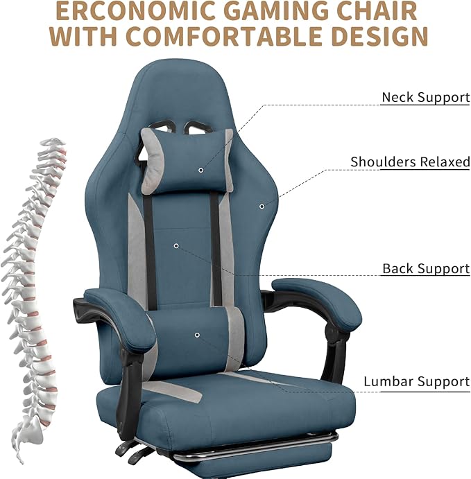 Breathable Fabric Gaming Chair with Footrest Height Adjustable Game Chair Video Gaming Chair for Gaming Room Living Room and Office - Blue/Light Grey