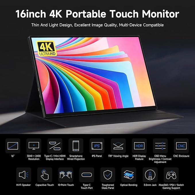 waveshare Luckfox 16inch 4K Portable Touch Monitor with Magnetic Protective Case 3840 × 2400 Resolution HDR 120Hz Refresh Rate IPS Panel Optical Bonding 10-Point Touch
