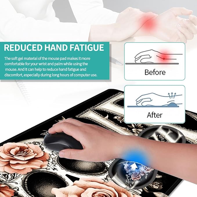Keyboard Mouse Pad Set Extended Gaming Mouse Pad+Ergonomics Keyboard Wrist Rest Support Memory Foam Easy Typing Pain Relief 4Pcs XL Ultra Thick Desk MatSkull Pink Roses Love Design