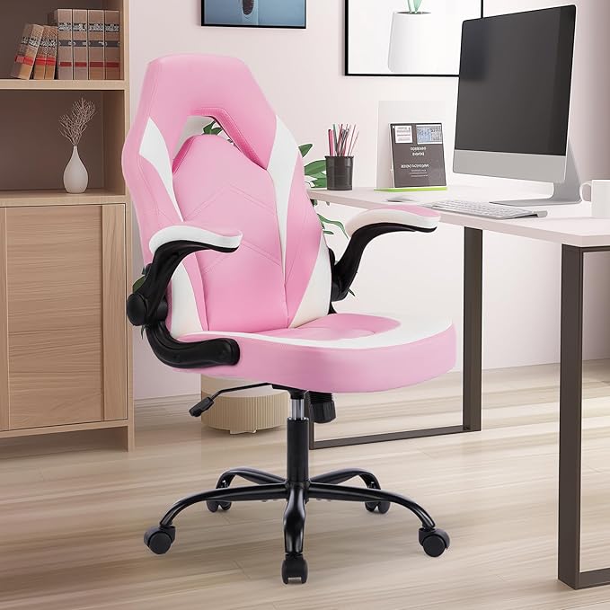 Gaming Chair PU Leather Computer Chair Ergonomic Office Chair with Lumbar Support Height Adjustable Rolling Desk Chairs with Flip up Armrests