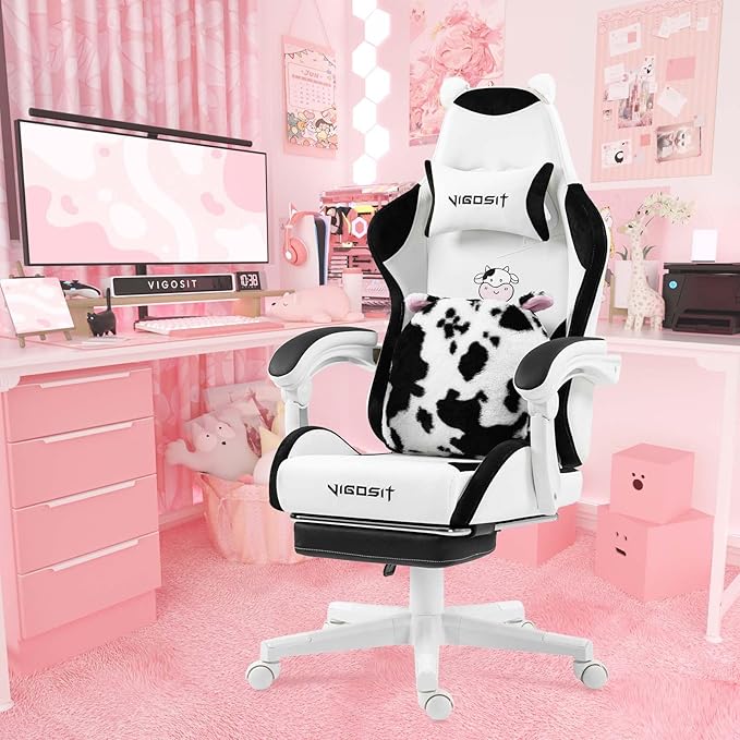 【Gaming Chair with Paw Cushion】 Kawaii PC Gamer Chair for Girls Teens Adjustable Height &amp 90-155° Recline 360° Swivel with Retractable Footrest (BlackWhite)