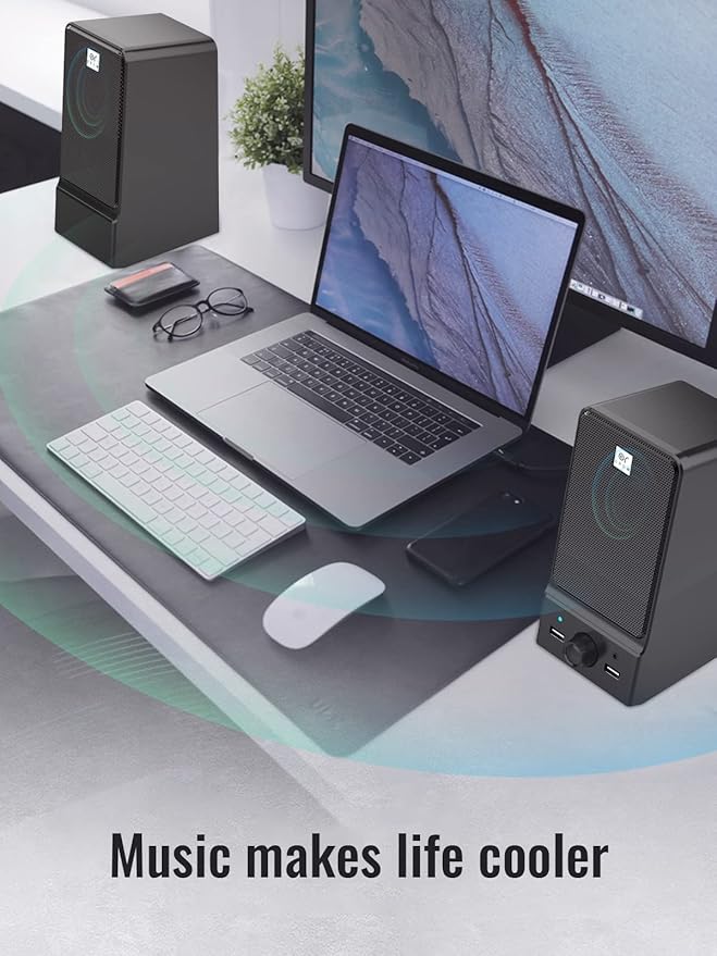 OROW USB Computer SpeakersHi-Fi Stereo PC Speakers16W Desktop SpeakerBuilt-in DSP Sound Chip Deep Bass&ampPure VocalLaptop Speakers with Headphone Jack(S203)