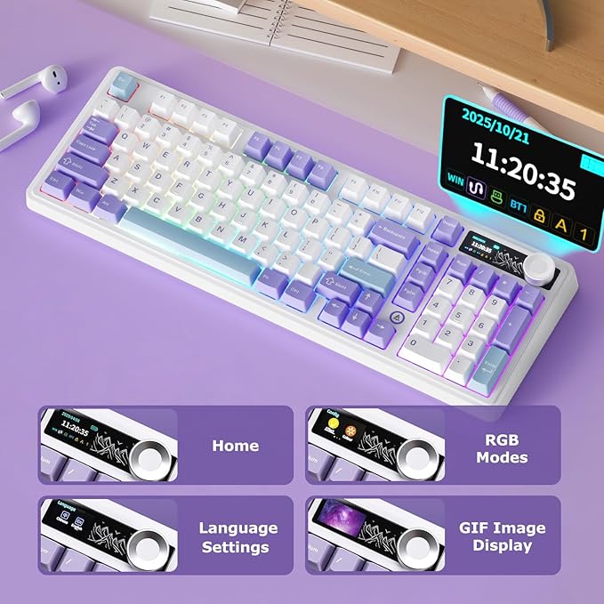 AK980 97Keys Tri-Mode Full Mechanical Keyboard Gasket-Mounted Hot-Swappable 1.14” TFT Smart Display Bluetooth 5.1/2.4G Wireless/Wired PBT Keycaps RGB Backlit (Purple Qingyun Tactile Switch)