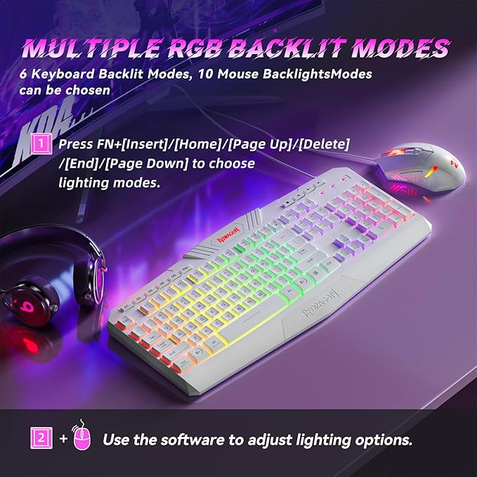 Redragon Updated Programmable Gaming Keyboard and Mouse RGB Backlit Keyboard Mouse with Software Independent Macro Record Keys Value Combo Set White - S101-3 PRO
