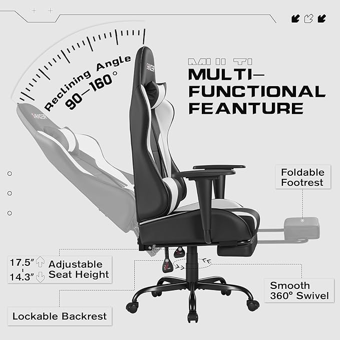 Homall Gaming Chairs Computer Chair with Footrest and Massage Lumbar Support Height Adjustable Game Chair with Headrest and Swivel Seat (White)