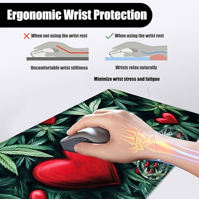 Mouse PadLarge Desk Mat Set 4in1 XL Mousepad + Keyboard Wrist Rest+Mouse Wrist Rest+Coaster with Ergonomic Desk Pad for Home Office Table Computer Cover -Leaves and Red Hearts