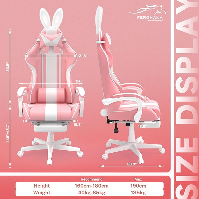 Ferghana Kawaii Pink Gaming Chair with Bunny Ears Ergonomic Cute Gamer Chair with Footrest and Massage Racing Reclining Home Computer Game Chair for Girls Adults Teens Kids