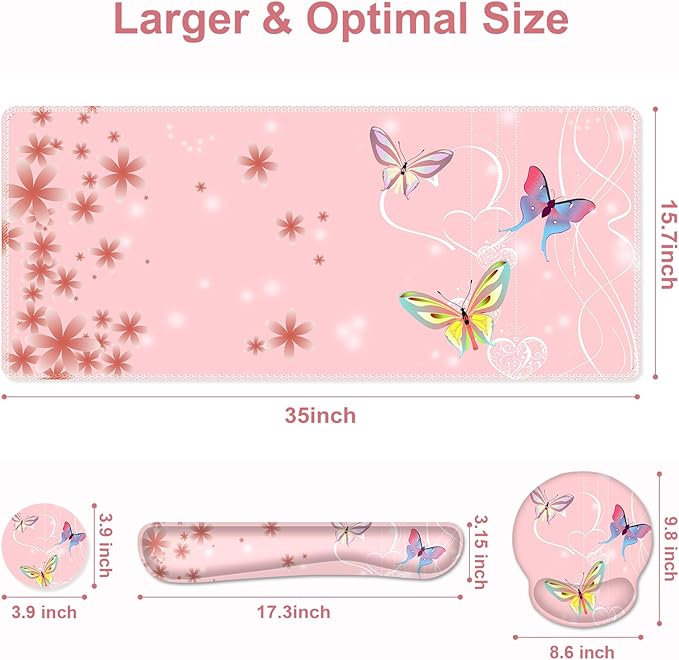 Peach Pink Butterflies Florals Mouse Pad XXL Large Desk Mat Extended Reading Desk pad 4 PCS Non-Slip Rubber Base Computer Big Mousepads for Work Game Office Home Decor Cute Girls Woemn Gifts