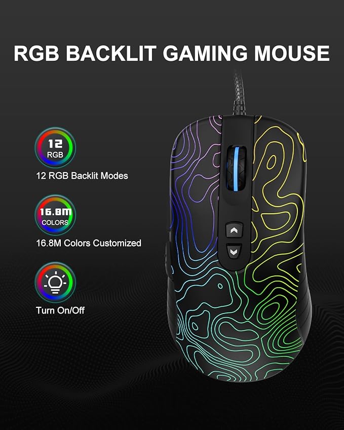 Womier G706 USB Wired Gaming Mouse for PC Computer Windows Mac Laptop Lightweight Silent RGB Backlit Mouse with Adjustable 12000DPI/7 Programmable Side ButtonsTopographic Theme (Black Topographic)