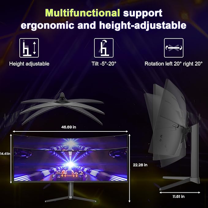 Amzfast 49 Inch Curved Monitor 120Hz DQHD 5120x1440p Ultrawide Gaming Monitor 120% sRGB 1500R 1ms MPRT HDR Adaptive Sync PIP/PBP Height Adjustable HDMI 2.0/DP 1.4 VESA 75x75 AMZG49C7U