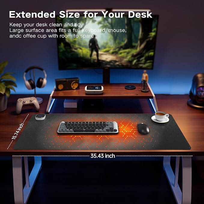 iLeadon Heated Mouse Pad Electric Warm Desk Pad with 3 Heating Levels &amp 3 Auto Shut-Off Levels 35.4 x 15.7 Large Safe Desk Mat Hand Warmer for Home Office Work Honeycomb Black