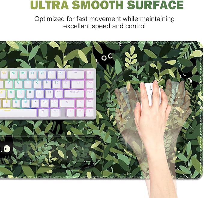 Large Desk Mat Cute Anime Cats Gaming Mouse Pad Desk Pad Protector XXL Mousepad + Keyboard Wrist Rest+Mouse Wrist Rest+Coaster Set with Ergonomic Desk Pad for Home Office PC Computer Green Leaves