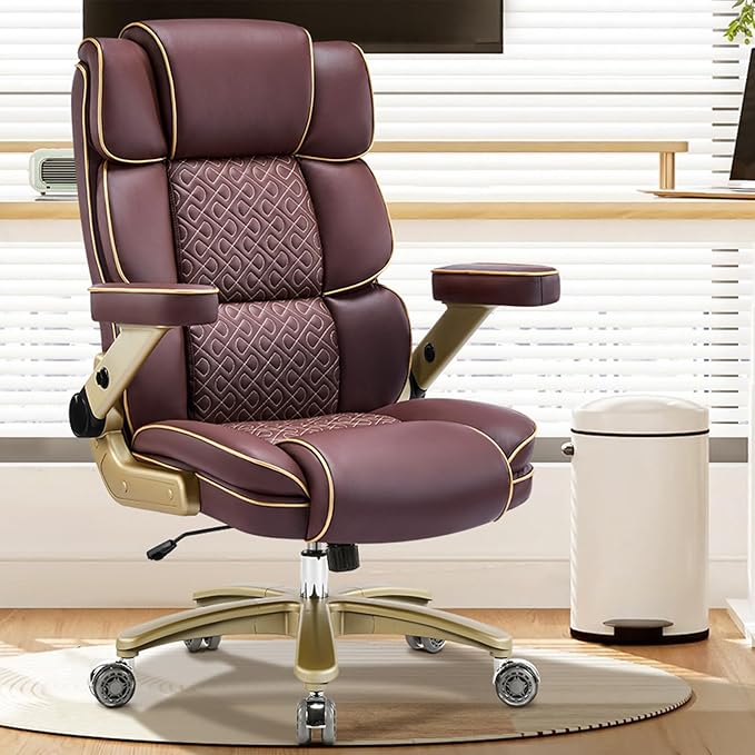 Heavy Duty Executive Leather Chair Big and Tall Office Chair 500lbs with 5D Flip-up Armrests Comfortable Seat Adjustable Lumbar High Back Large Computer Desk Chair for Home Office Brown
