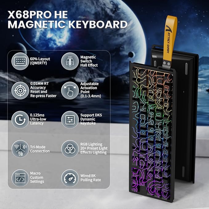 ATTACK SHARK X68PRO HE Rapid Trigger Wireless Keyboard 0.01mm RT Accuracy 8000Hz Wired Gaming Keyboard Adjustable Actuation Snap Tap RGB Backlit Magnetic Switch C01 Coiled Cable -Black