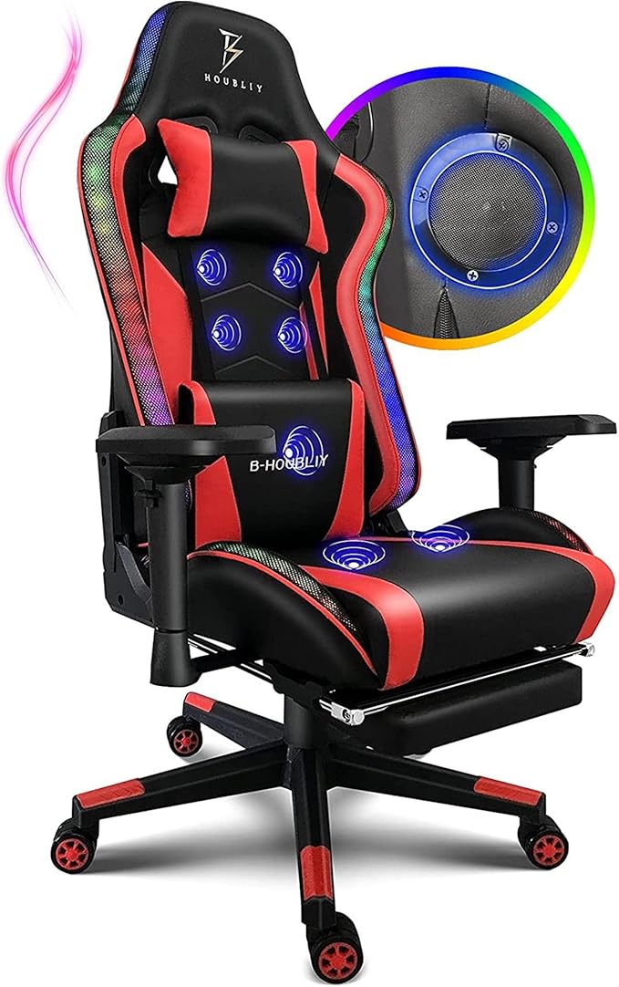 Gaming Chair with Footrest and Speakers High Back Computer Chair with Massage PU Leather Gamer Chair with 4D Armrests Ergonomic Video Game Chair with Lumbar Pillow 360° Swivel Desk ChairRed