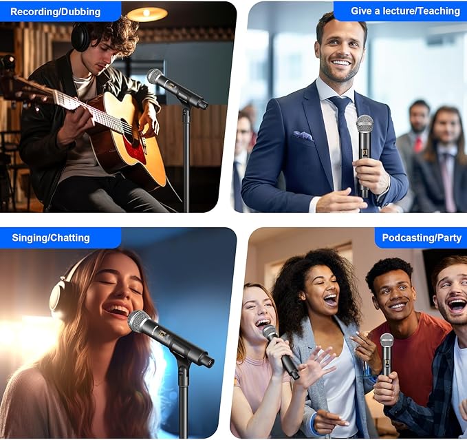 Aokeo Wireless Microphone Only for Mic Input UHF Metal Dynamic Handheld Multipurpose Mic with Rechargeable Receiver (Work 4hs) 160ft Range for Karaoke Machine Amplifier Speaker Mixer