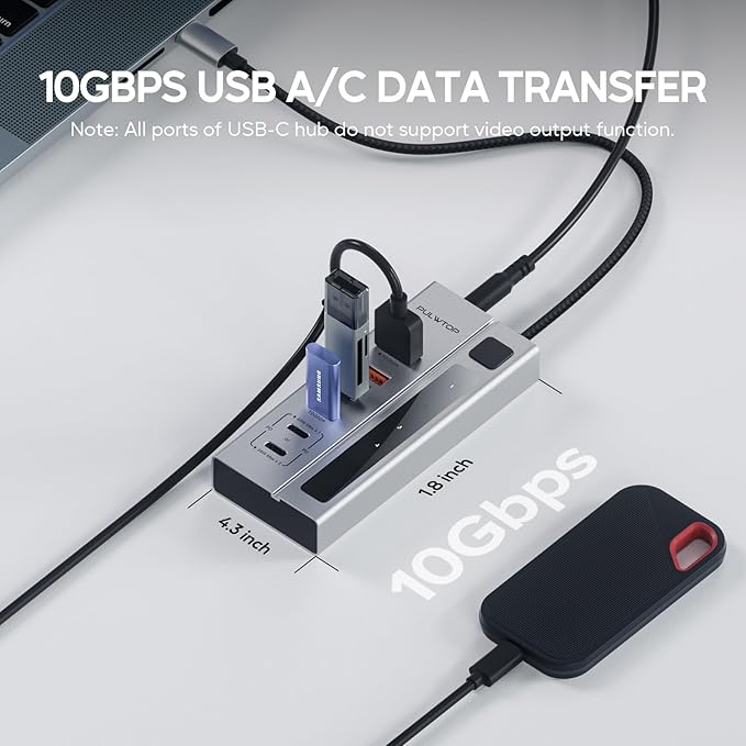 Powered USB C Hub PULWTOP USB Hub Powered Support 10Gbps Data &amp PD 45W Charging Not Support Video 2USB-C 10Gbps Ports 2USB 3.1 10Gbps Ports power adapter for iMac MacBook Pro/AiriPad XPS Ada