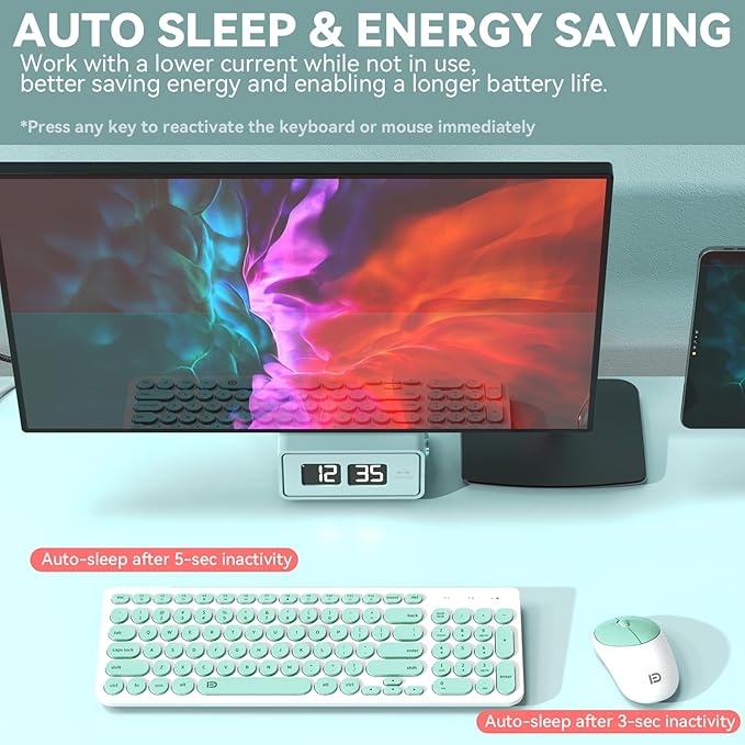 FD Wireless Keyboard and Mouse Combo - 2.4GHz USB Cordless Cute Round Keys Quiet and Slim Set for Laptop Computer TV and Mac - Mint Green &amp White