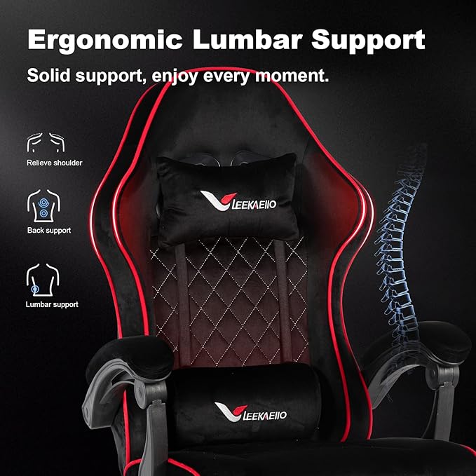 Velvet Gaming Chair for Adults with Pocket Spring Cushion SeatSoft Gaming Chair Fabric with Extendable Footrest Swivel Recliner with Ergonomic Lumbar Support and Headrest for Home/Office(red)