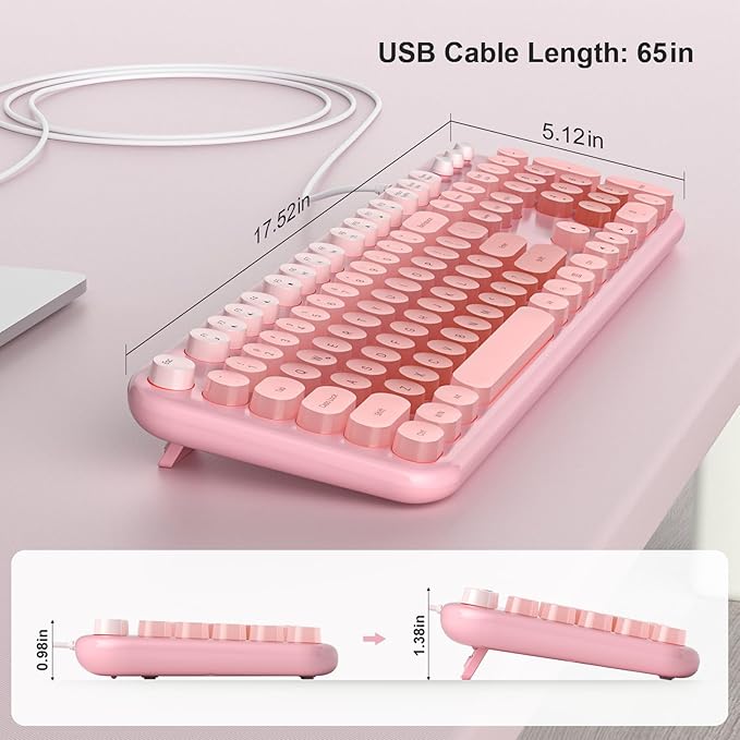 Wired Keyboard with Backlit Light Up Computer Keyboards with Multimedia Keys Full Size Wired Keyboard with Illuminated LED Plug and Play Anti-Wear Letters for Laptop Desktop- Pink Colorful
