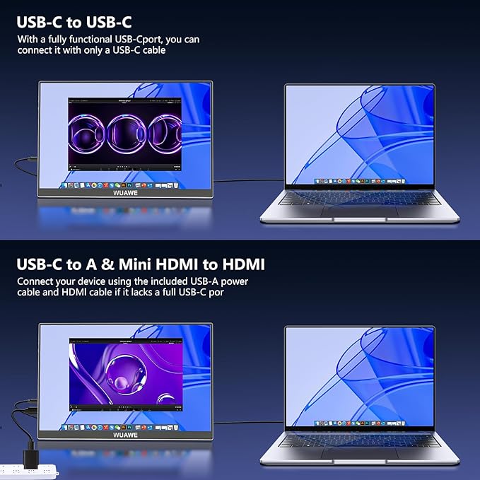 WUAWE 16 Portable Monitor for Laptop 1920x1200P Plug&ampPlay USB-C HDMI IPS HDR Freesync Gaming Monitor External Monitor for PC Mac Phone PS5 Switch(Silver)