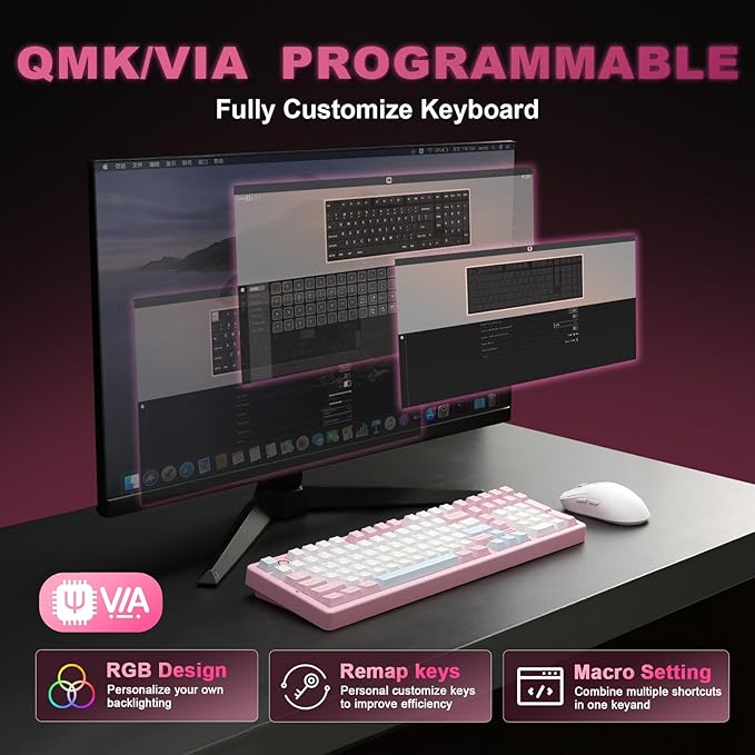 YUNZII AL98 QMK/VIA Wireless Mechanical Gaming KeyboardFull AluminumBT/2.4G/USB-C Pre-Lubed Hot Swappable Gasket Mount 1800 LayoutRGB Backlit for Win/Mac (Pink Cocoa Cream V2 Switch)