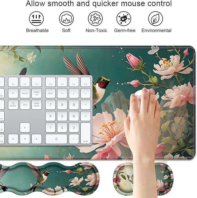 4 in 1 Ergonomic Keyboard Wrist Rest &amp Mouse Pad Wrist Rest Set Large XXL Gaming Desk Mat 31.5x 11.8 with Non-Slip Base Memory Foam for Home Office Study Gaming Hummingbird Flowers
