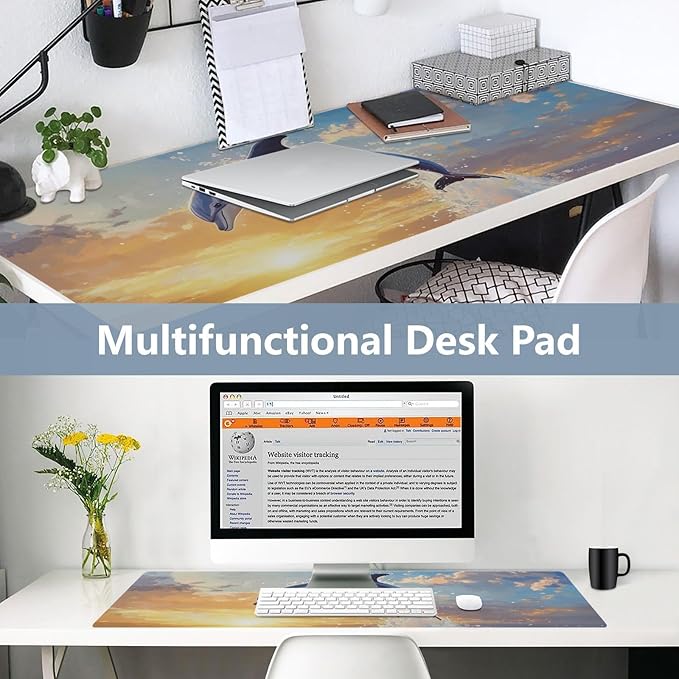 Mouse Pad Desk Mat Leather Desk Pad Large Gaming Desk Cover Protector Mat for Keyboard Computer Laptop Office Waterproof 47.2 x 23.6 Inch Dolphin Jumping Sunset Blue