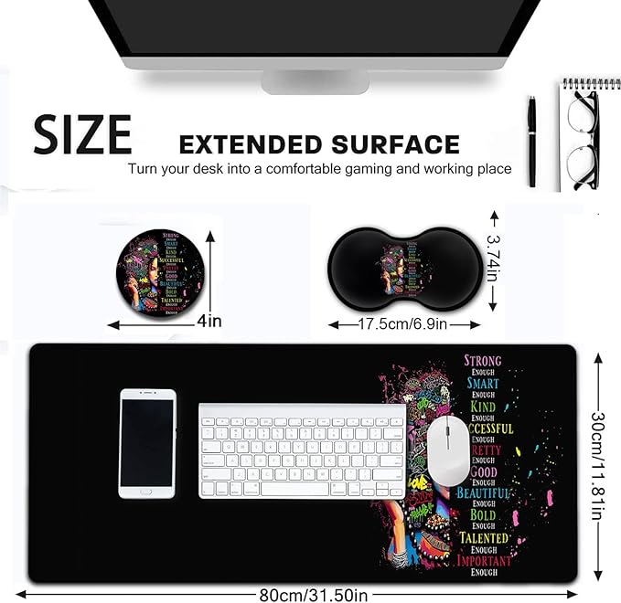 Large Mouse Pad Extended Office Desk Pad 31.5x11.8inErgonomic Memory Foam Mouse Wrist Rest Support for Home Office Computer Writing PadAfrican American Woman Black Women XXL Black Gaming Mouse Mat