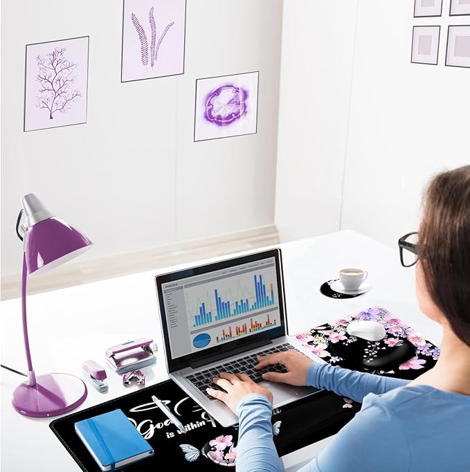 ARTSO Large Mouse Pad Ergonomic Keyboard Wrist Rest Support Combo Psalm 46:5 God is Within Her She Will not Fall -Bible Verse Flower Butterfly Extended Desk Mat Blotter