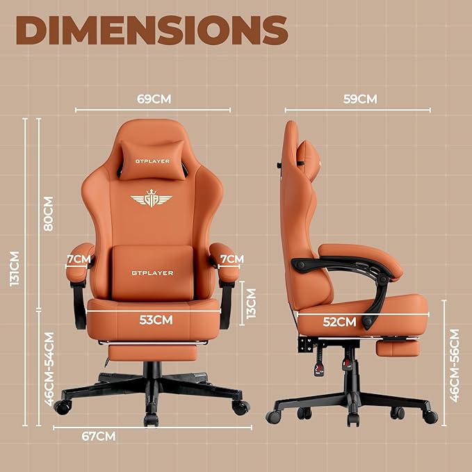 GTPLAYER Gaming Chair with Pocket Spring Cushion Big and Tall Gamings Chairs 350LBS High Back Computer Chair with Footrest for Adults Lumbar Support Swivel Game Chair for Office Leather Orange