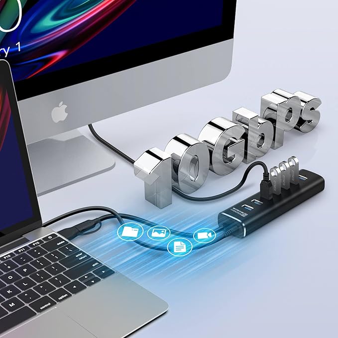 Powered USB Hub Rosonway 7 Ports USB 3.1/3.2 Gen 2 Hub 10Gbps with 3.3ft USB-A/USB-C Data Cable Individual Switches and 24W Power Adapter Aluminum USB C Hub for Laptop and PC RSH-A107