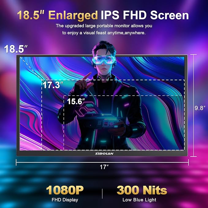 Portable Monitor 18.5inch 1080P FHD 100Hz Refresh Rate Gaming Monitor 72% sRGB IPS Panel Dual USB-C &amp Mini-HDMI for Laptop PC Phone Built-in Kickstand Speakers