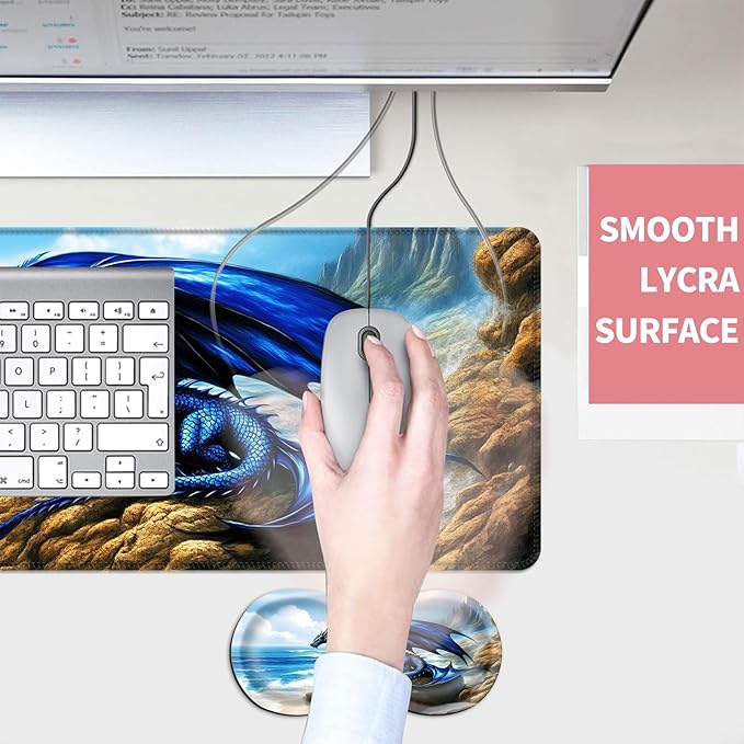 Mouse PadLarge Desk Mat Set 4in1 XL Mousepad + Keyboard Wrist Rest+Mouse Wrist Rest+Coaster with Ergonomic Desk Pad for Home Office Table Computer Cover -Blue Dragon on Seaside Rocks