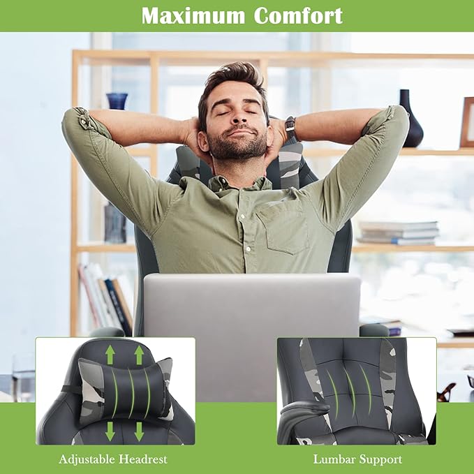 Office Chair PC Gaming Chair High Back Computer Chair with Lumbar Support&amp Headrest Racing Executive Ergonomic Adjustable Swivel Task Chair PU Leather Desk Chair for Home Camo