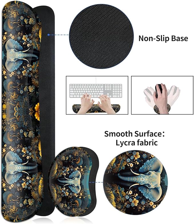 JVGFYNKL Large Gaming Mouse Pad Set Ergonomic Memory Foam Keyboard Wrist Rest Support + Mouse Wrist Rest + Extended Desk Mat with Non-Slip Rubber Base The Golden Elephant Pattern Desk Pad